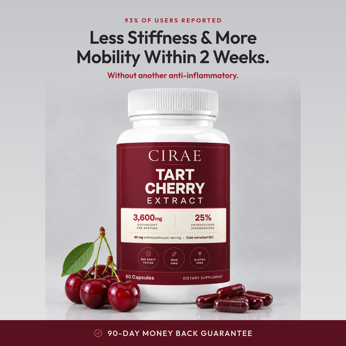 Cirae Tart Cherry Extract bottle with cherries and capsules, less stiffness and more mobility within 2 weeks, 90 day money back guarantee
