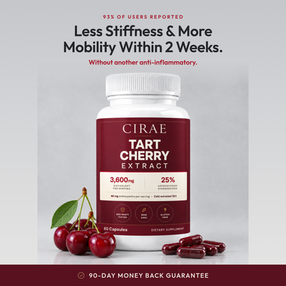 Cirae Tart Cherry Extract bottle with cherries and capsules, less stiffness and more mobility within 2 weeks, 90 day money back guarantee