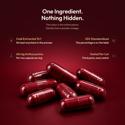 Deep red Cirae tart cherry capsules, one ingredient, 60 mg anthocyanins per serving, cold extracted 15 to 1