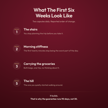 What the first six weeks look like: week 1 stairs, week 2 morning stiffness, week 3 groceries, week 5 the hill