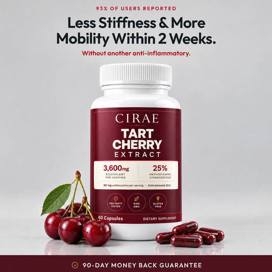 Cirae Tart Cherry Extract bottle with fresh cherries and deep red capsules, less stiffness and more mobility within 2 weeks, 90 day money back guarantee